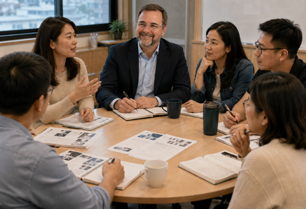 Group discussing ideas in a meeting room